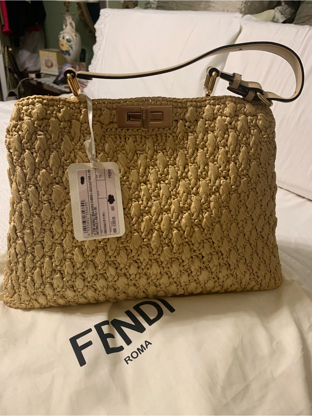 Fendi Raffia Woven Shoulder Bag in Beige